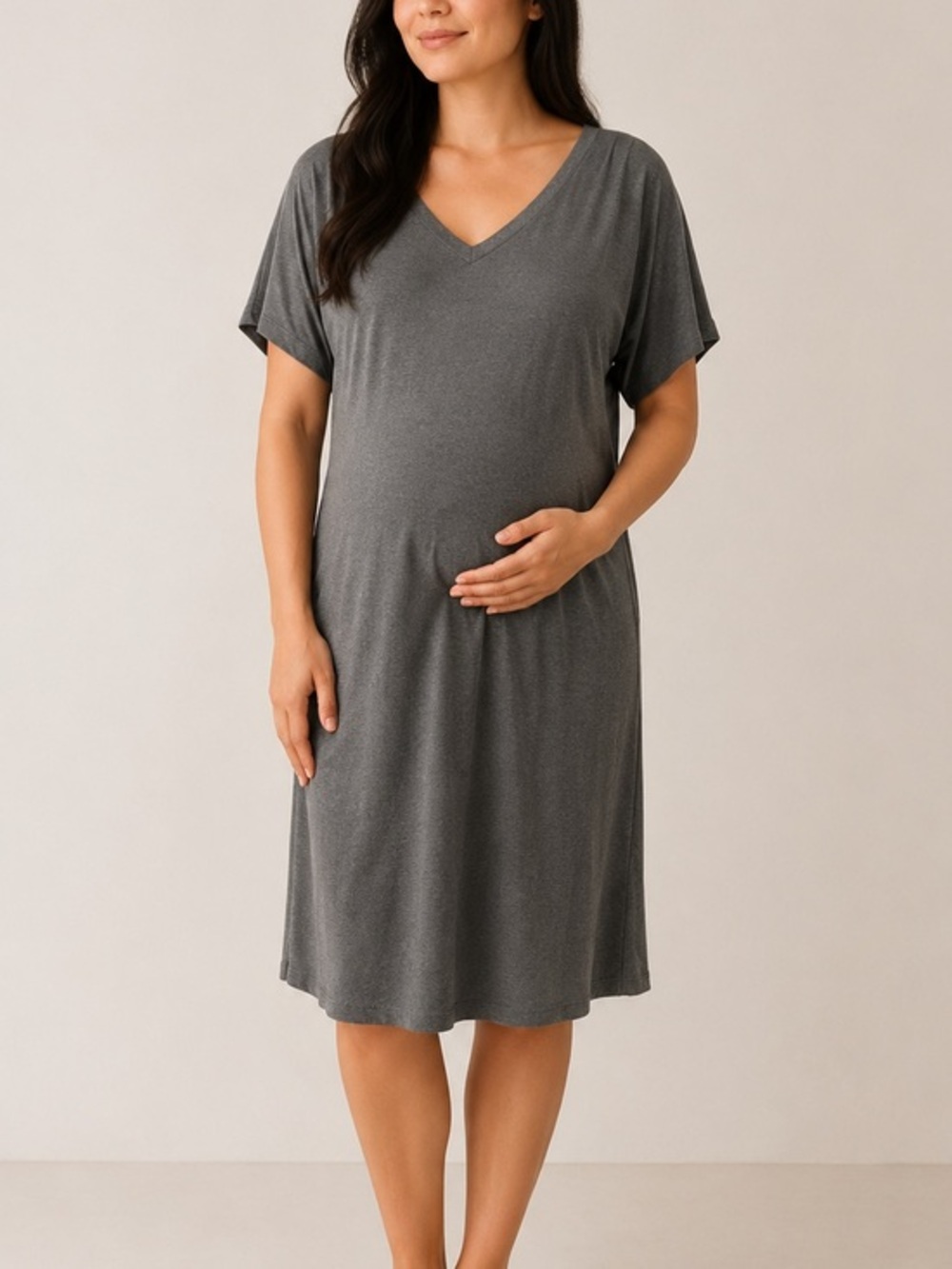 Hatch Gray Double V-Neck Maternity Soft Stretch Casual Loungewear Shirt Dress